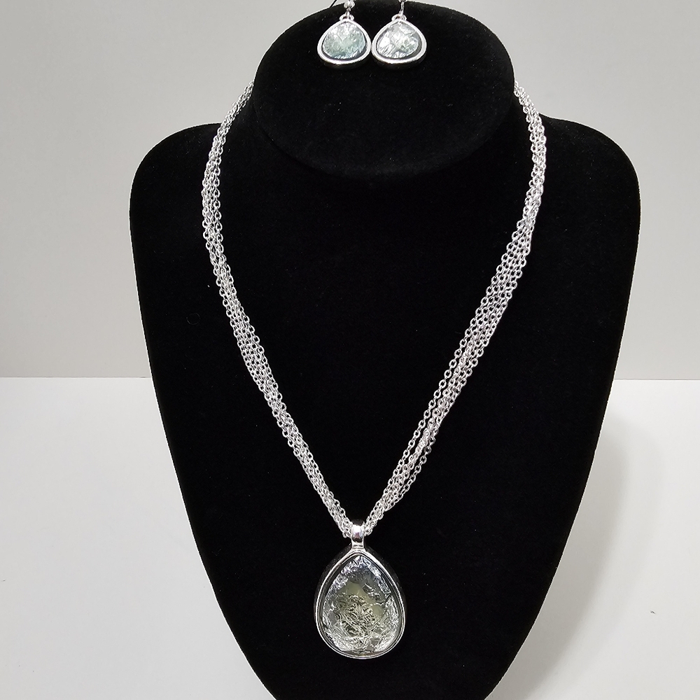 Kim Rogers Vintage Silvery Light Green Foil Teardrop Necklace & Earrings Set